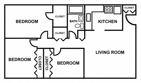 Floor plan for 3 beds, 1 bath, 1038 sqft