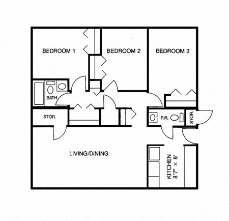 Floor plan for 3 beds, 2 baths, 994 sqft