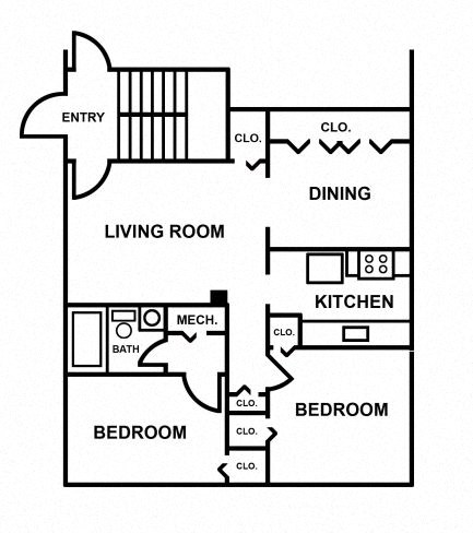 Floor plan for 2 beds, 1 bath, 737 sqft