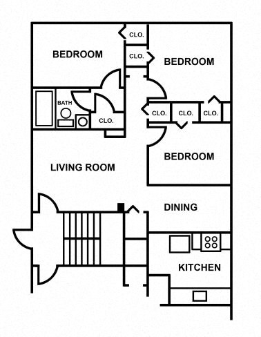 Floor plan for 3 beds, 1 bath, 806 sqft