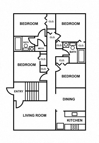 Floor plan for 4 beds, 2 baths, 1086 sqft