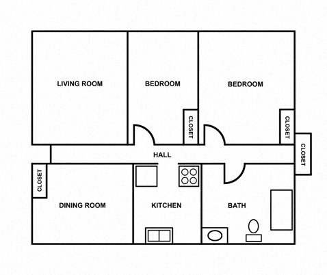 Floor plan for 2 beds, 1 bath, 776 sqft