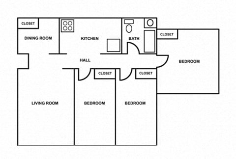 Floor plan for 3 beds, 1 bath, 898 sqft