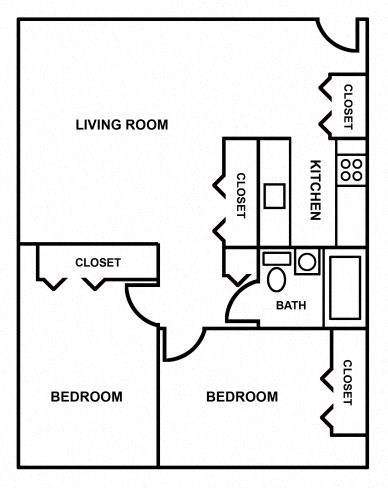 Floor plan for 2 beds, 1 bath, 1064 sqft