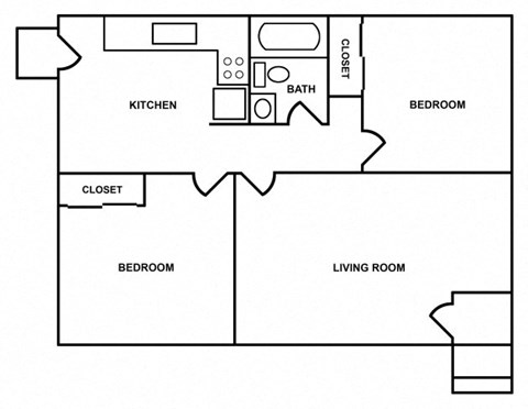 Floor plan for 2 beds, 1 bath, 832 sqft