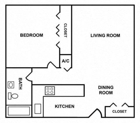 Floor plan for 1 bed, 1 bath, 530 sqft