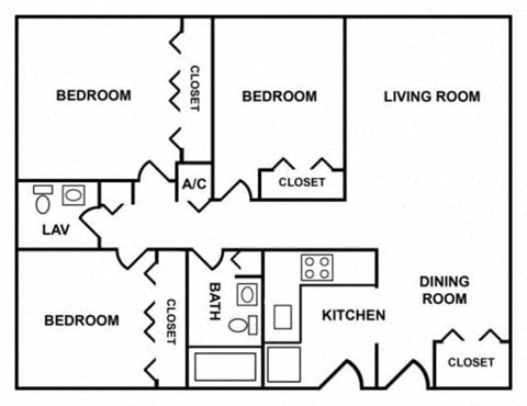 Floor plan for 3 beds, 2 baths, 633 sqft