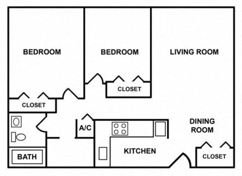 Floor plan for 2 beds, 1 bath, 592 sqft