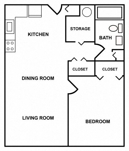 Floor plan for 1 bed, 1 bath, 517 sqft