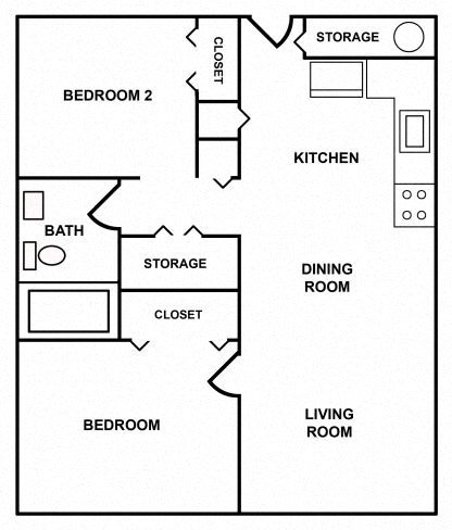 Floor plan for 2 beds, 1 bath, 585 sqft