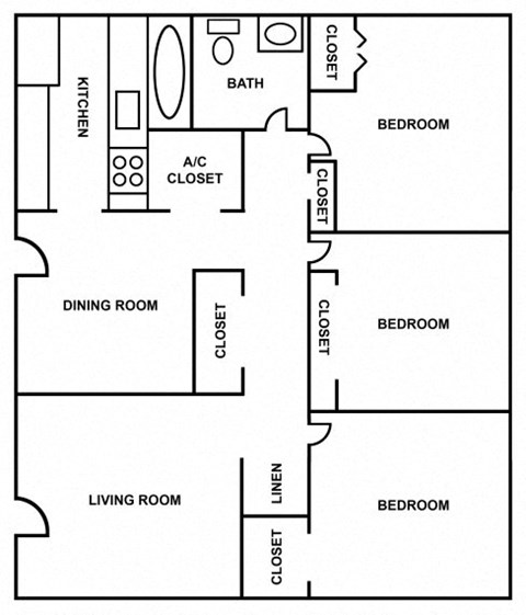 Floor plan for 3 beds, 1 bath, 960 sqft