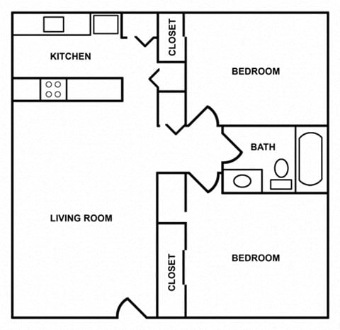Floor plan for 2 beds, 1 bath, 676 sqft