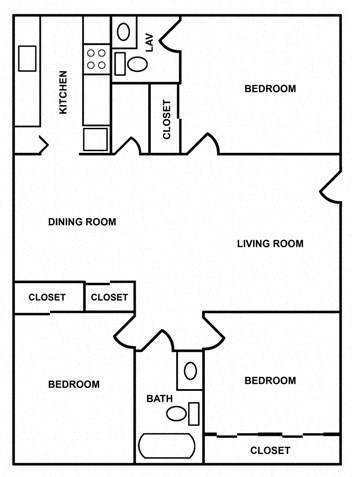Floor plan for 3 beds, 1 bath, 897 sqft