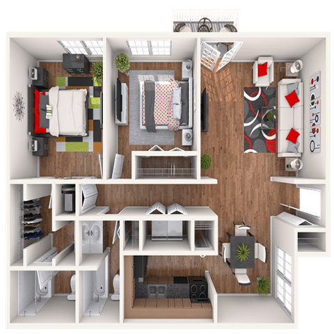 Floor plan for 2 beds, 2 baths, 1095 sqft