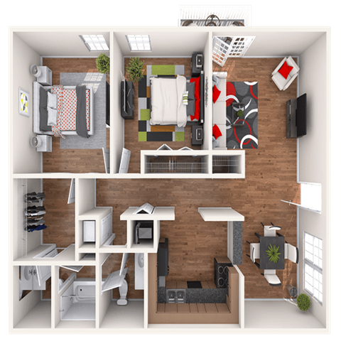 Floor plan for 2 beds, 1.5 baths, 1064 sqft