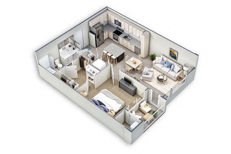 Floor plan for 1 bed, 1 bath, 776 sqft