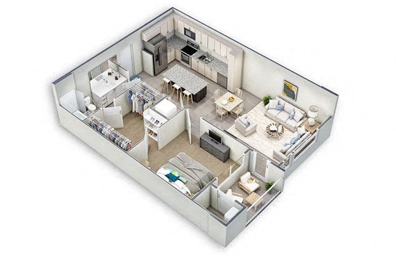 Floor plan for 1 bed, 1 bath, 822 sqft