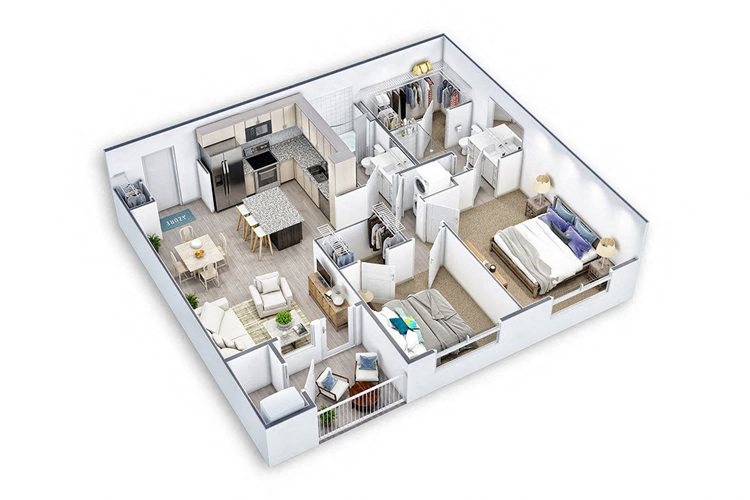 Floor plan for 2 beds, 2 baths, 963 sqft