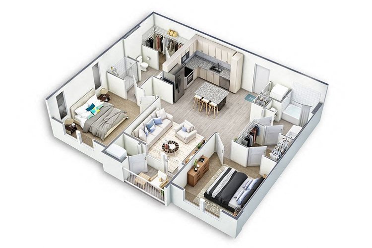 Floor plan for 2 beds, 2 baths, 1016 sqft
