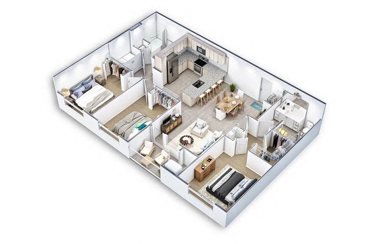 Floor plan for 3 beds, 2 baths, 1300 sqft