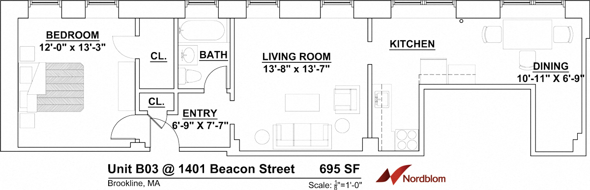 Floor plan for 1 bed, 1 bath, 615 sqft