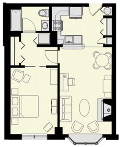 Floor plan for 1 bed, 1 bath, 710 sqft