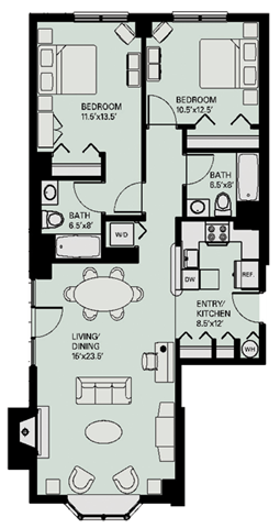 Floor plan for 2 beds, 2 baths, 1058 sqft