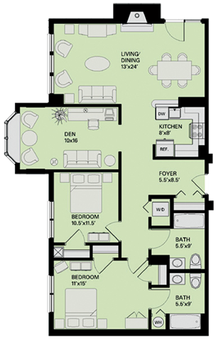 Floor plan for 2 beds, 2 baths, 1165 sqft