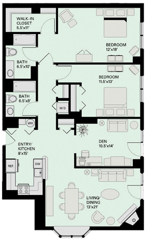 Floor plan for 2 beds, 2 baths, 1384 sqft