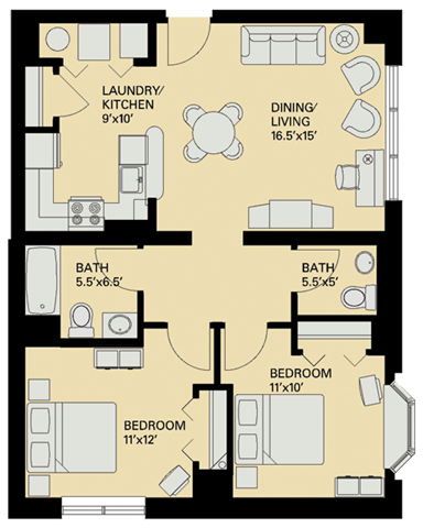 Floor plan for 2 beds, 1.5 baths, 867 sqft