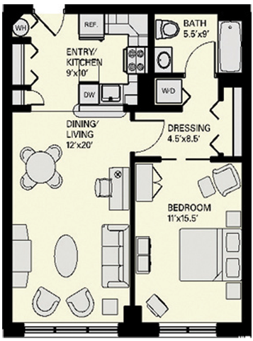 Floor plan for 1 bed, 1 bath, 721 sqft