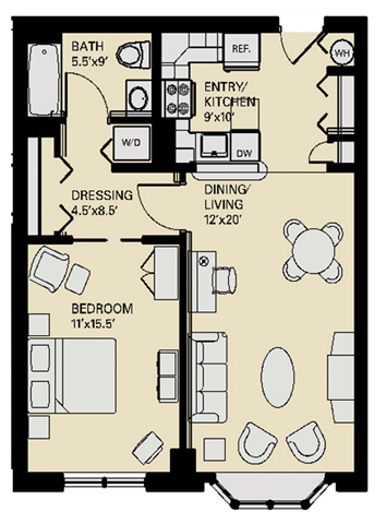 Floor plan for 1 bed, 1 bath, 714 sqft