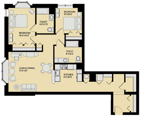Floor plan for 2 beds, 2 baths, 1223 sqft