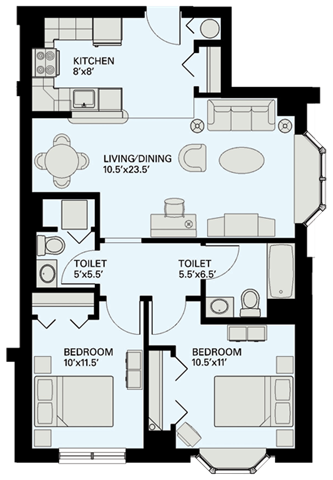 Floor plan for 2 beds, 1.5 baths, 871 sqft