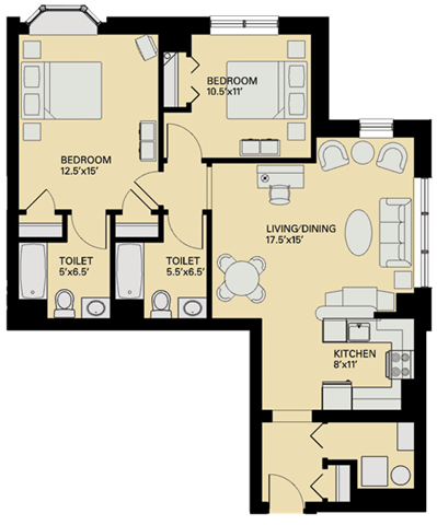 Floor plan for 2 beds, 2 baths, 1035 sqft