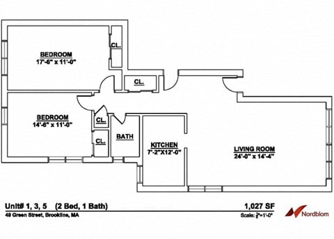 Floor plan for 2 beds, 2 baths, 1027 sqft