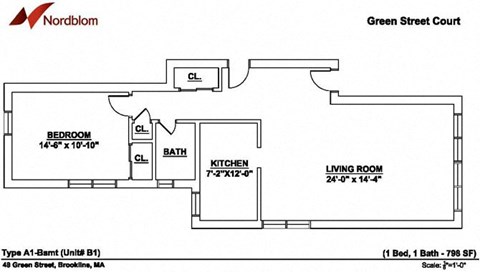 Floor plan for 1 bed, 1 bath, 798 sqft