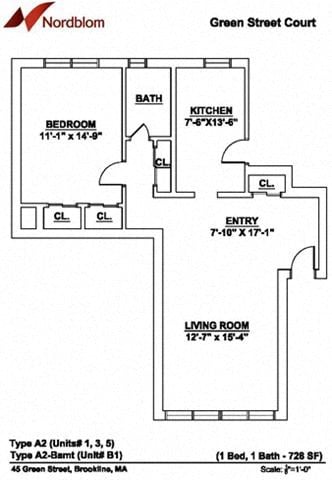 Floor plan for 1 bed, 1 bath, 728 sqft