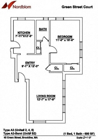 Floor plan for 1 bed, 1 bath, 690 sqft