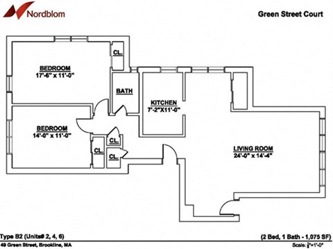 Floor plan for 2 beds, 1 bath, 1075 sqft