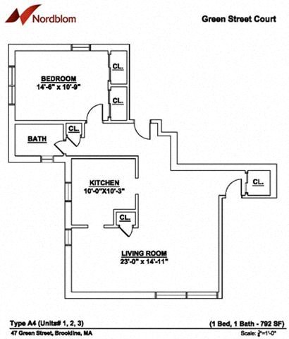 Floor plan for 1 bed, 1 bath, 792 sqft