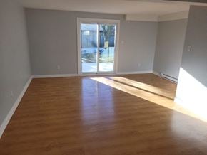 Waterloo apartment for rent - a living room with a hard wood floor and a door to a patio
