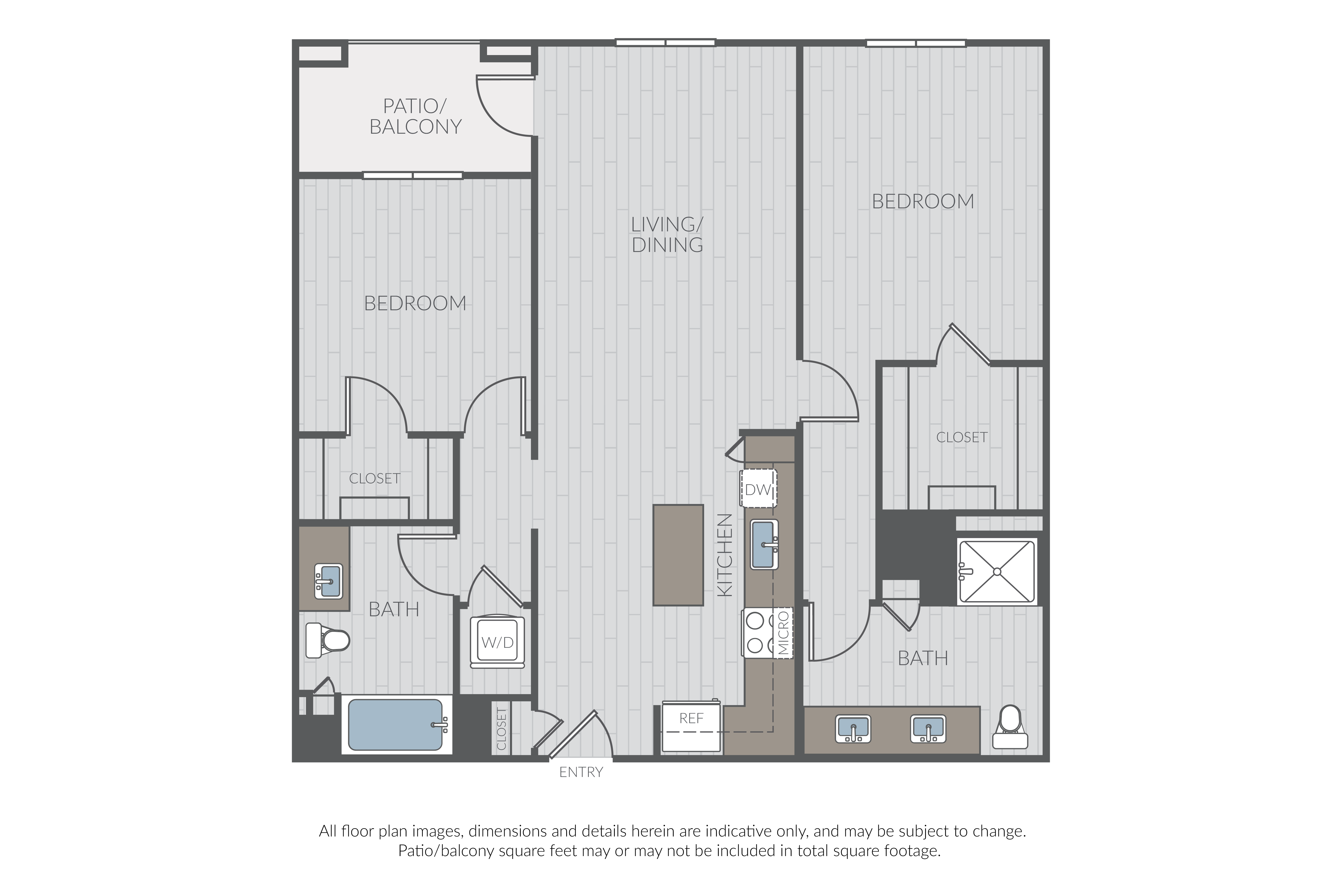 Floor plan for 2 beds, 2 baths, 1185 sqft