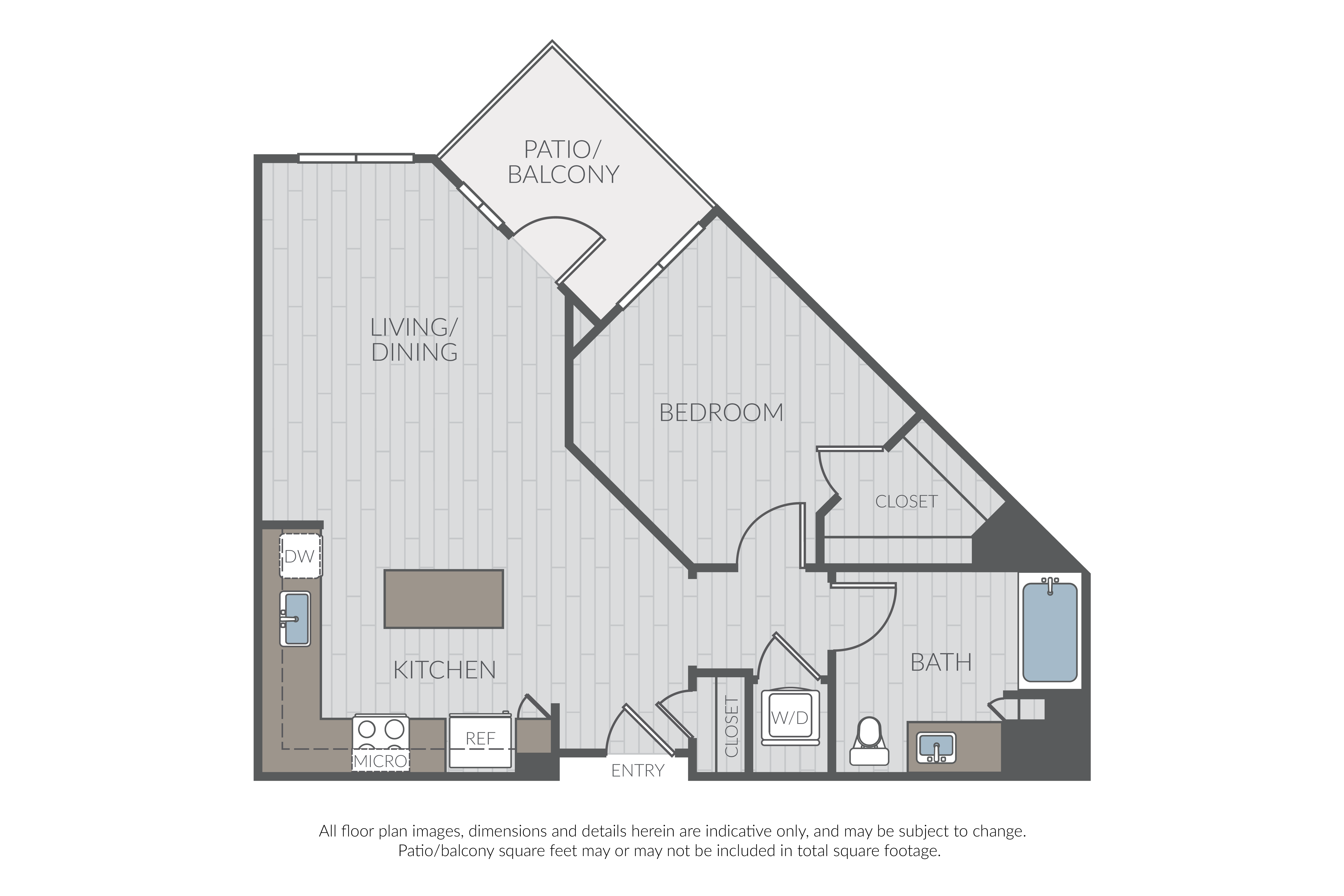 Floor plan for 1 bed, 1 bath, 755 sqft