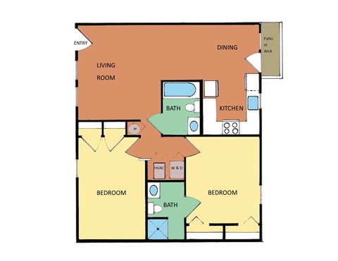 Floor plan for 2 beds, 2 baths, 990 sqft