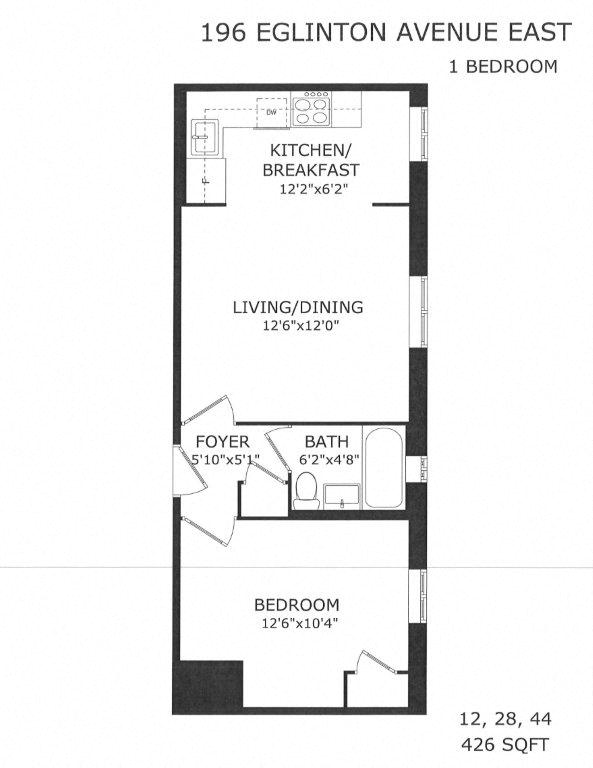 Floor plan for 1 bed, 1 bath, 426 sqft