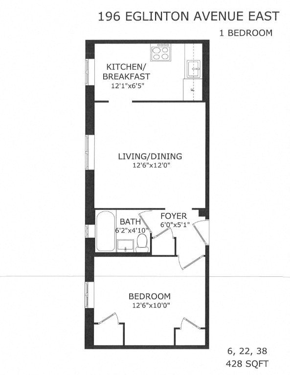 Floor plan for 1 bed, 1 bath, 428 sqft