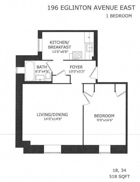 Floor plan for 1 bed, 1 bath, 518 sqft