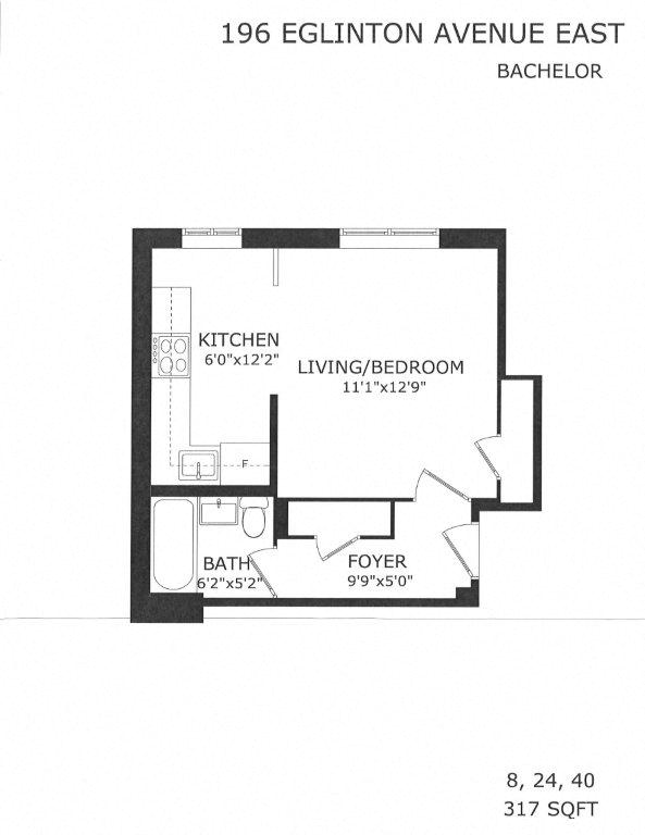 Floor plan for studio, 1 bath, 317 sqft