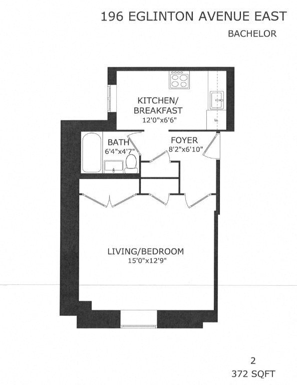 Floor plan for studio, 1 bath, 372 sqft